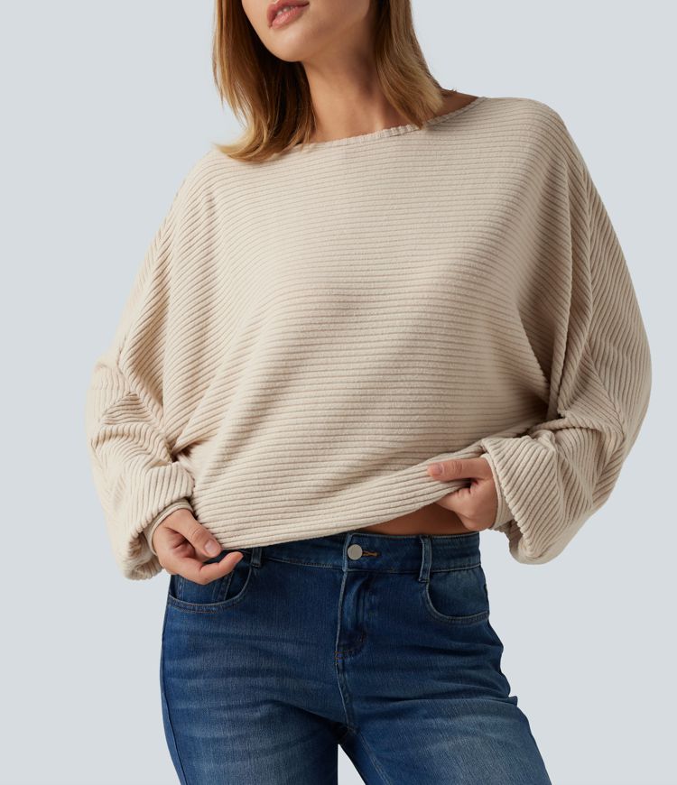 Ribbed Knit Boat Neck Long Sleeve V Back Casual Top Ribbed Knit Boat Neck Long Sleeve V Back Casual Top