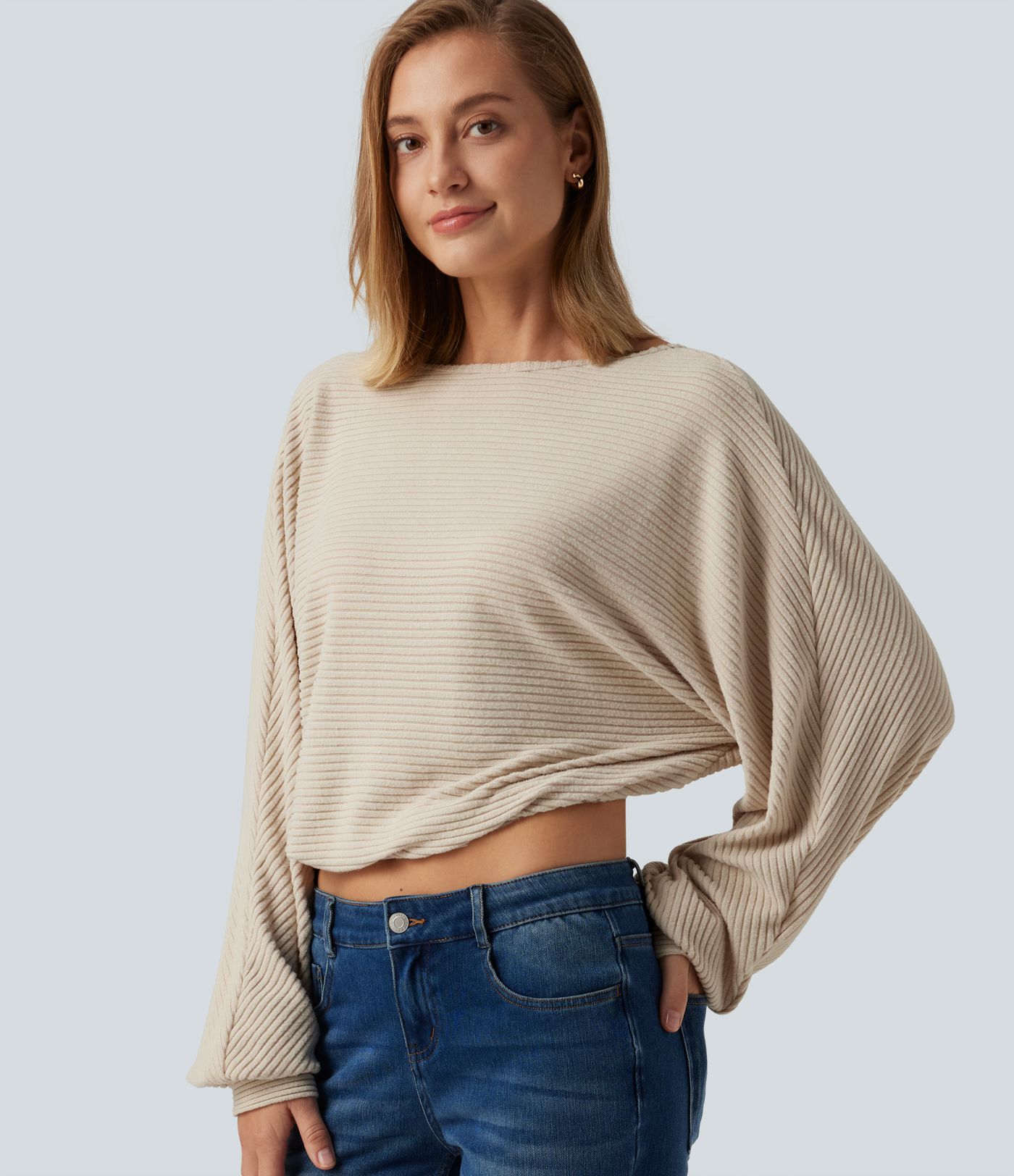 Ribbed Knit Boat Neck Long Sleeve V Back Casual Top Ribbed Knit Boat Neck Long Sleeve V Back Casual Top