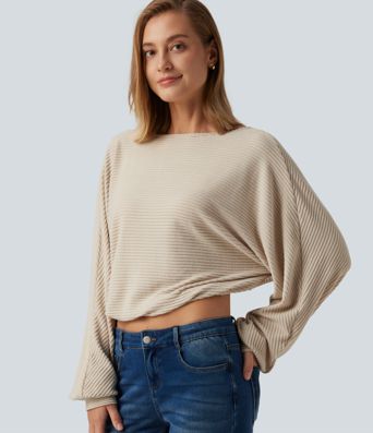Ribbed Knit Boat Neck Long Sleeve V Back Casual Top Ribbed Knit Boat Neck Long Sleeve V Back Casual Top