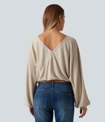 Ribbed Knit Boat Neck Long Sleeve V Back Casual Top Ribbed Knit Boat Neck Long Sleeve V Back Casual Top