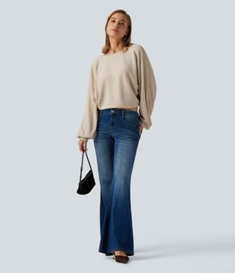 Ribbed Knit Boat Neck Long Sleeve V Back Casual Top Ribbed Knit Boat Neck Long Sleeve V Back Casual Top