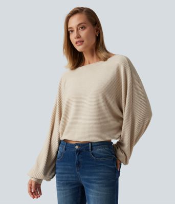 Ribbed Knit Boat Neck Long Sleeve V Back Casual Top Ribbed Knit Boat Neck Long Sleeve V Back Casual Top