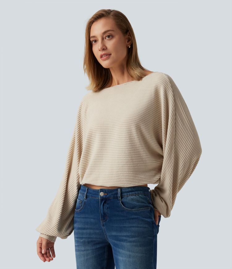 Ribbed Knit Boat Neck Long Sleeve V Back Casual Top Ribbed Knit Boat Neck Long Sleeve V Back Casual Top