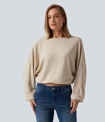 Ribbed Knit Boat Neck Long Sleeve V Back Casual Top Ribbed Knit Boat Neck Long Sleeve V Back Casual Top