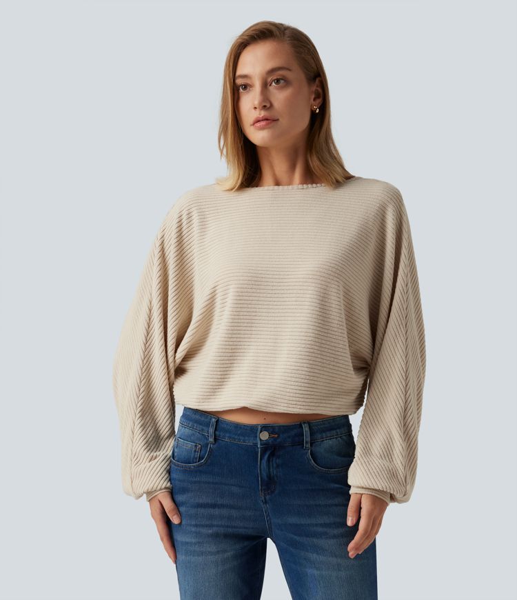 Ribbed Knit Boat Neck Long Sleeve V Back Casual Top Ribbed Knit Boat Neck Long Sleeve V Back Casual Top