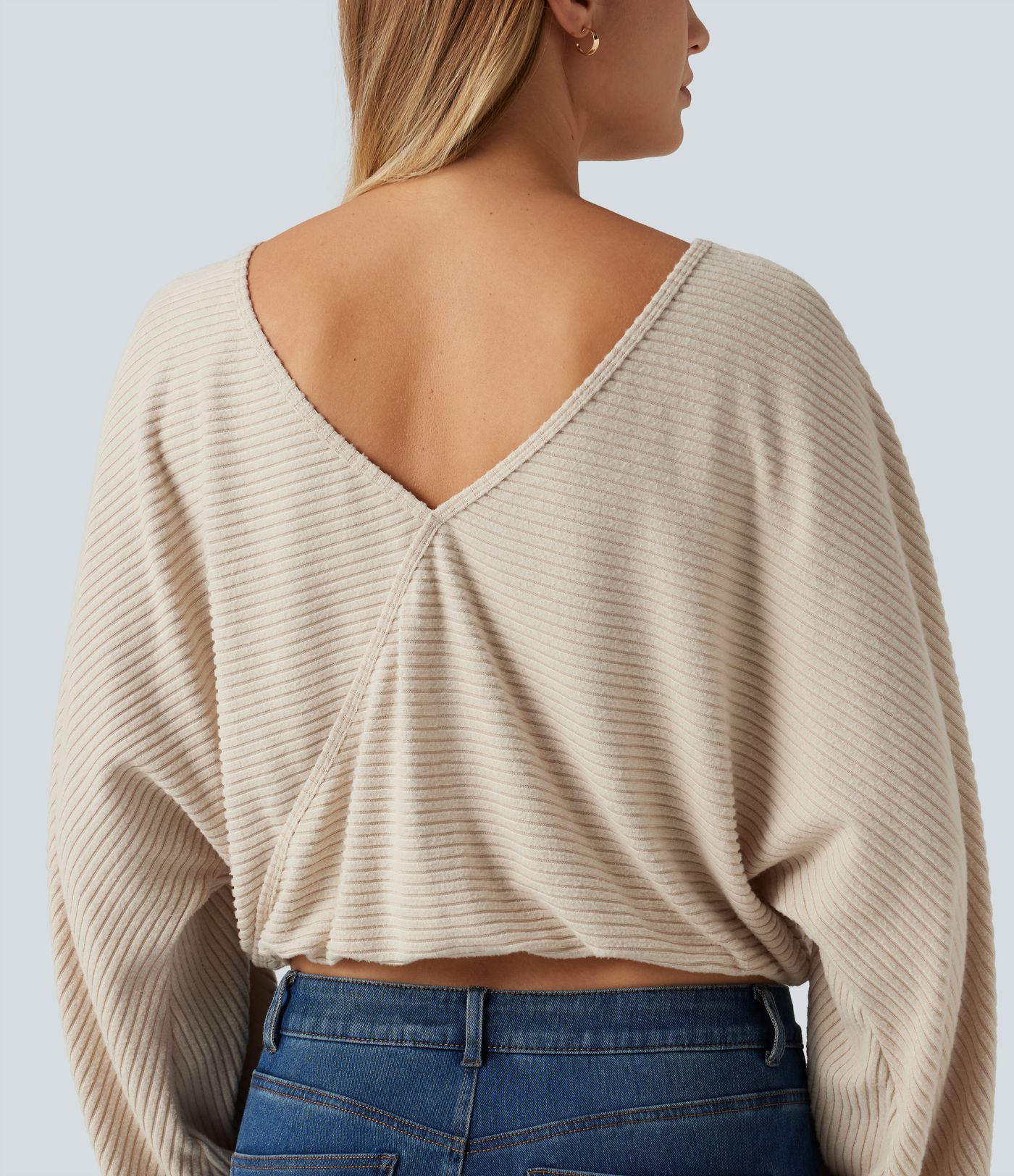 Ribbed Knit Boat Neck Long Sleeve V Back Casual Top Ribbed Knit Boat Neck Long Sleeve V Back Casual Top