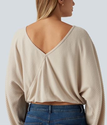 Ribbed Knit Boat Neck Long Sleeve V Back Casual Top Ribbed Knit Boat Neck Long Sleeve V Back Casual Top
