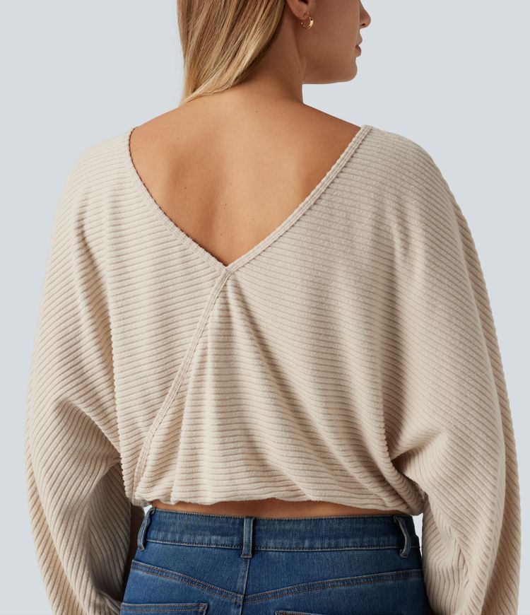 Ribbed Knit Boat Neck Long Sleeve V Back Casual Top Ribbed Knit Boat Neck Long Sleeve V Back Casual Top