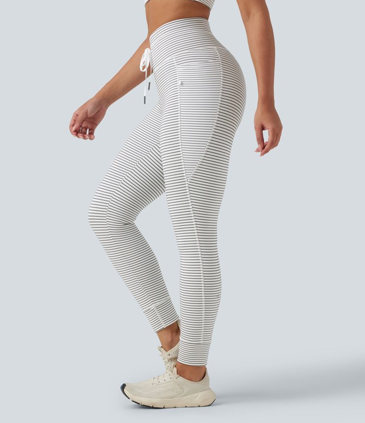 Zebra Ripple High Waisted Drawstring Stripe Fleece Yoga Leggings with Pockets / 1