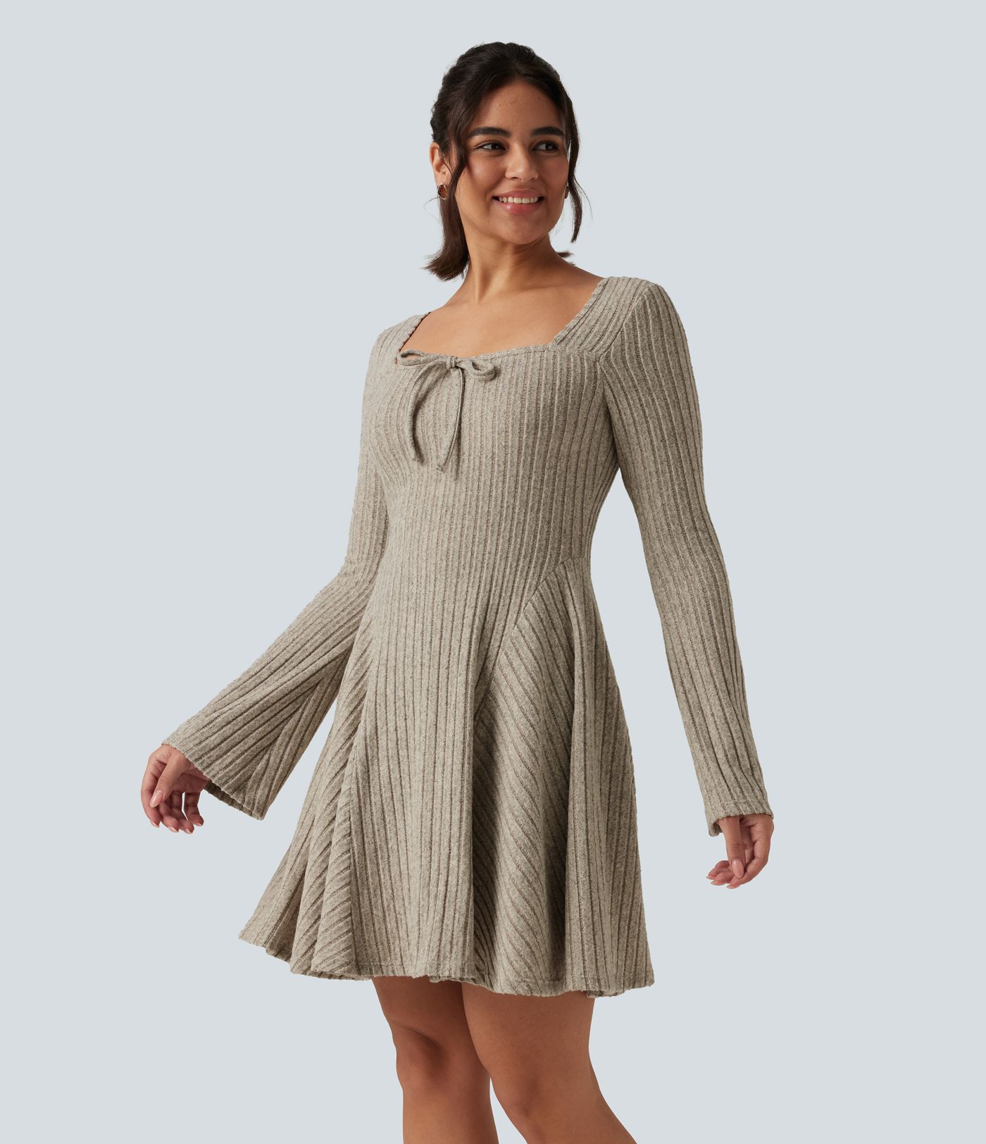 Ribbed Knit Square Neck Flounce Long Sleeve Decorative Knot Casual Flare Mini Dress