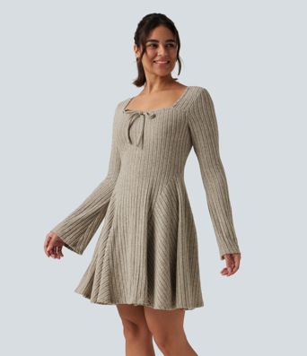 Ribbed Knit Square Neck Flounce Long Sleeve Decorative Knot Casual Flare Mini Dress