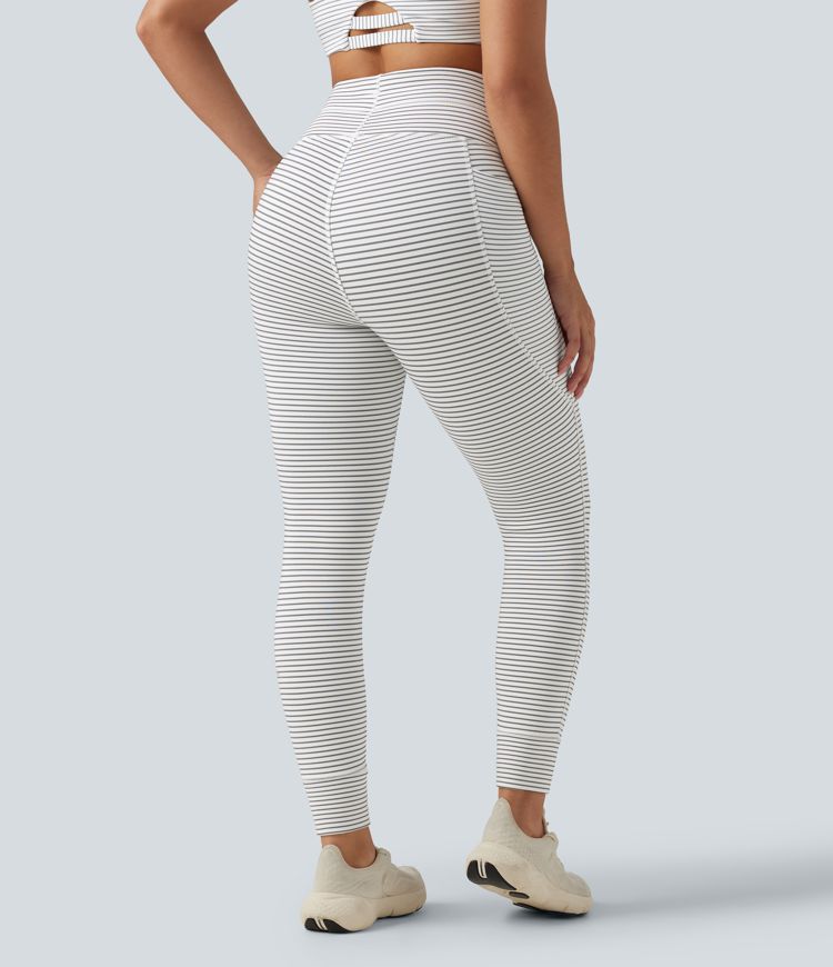 Zebra Ripple High Waisted Drawstring Stripe Fleece Yoga Leggings with Pockets / 2