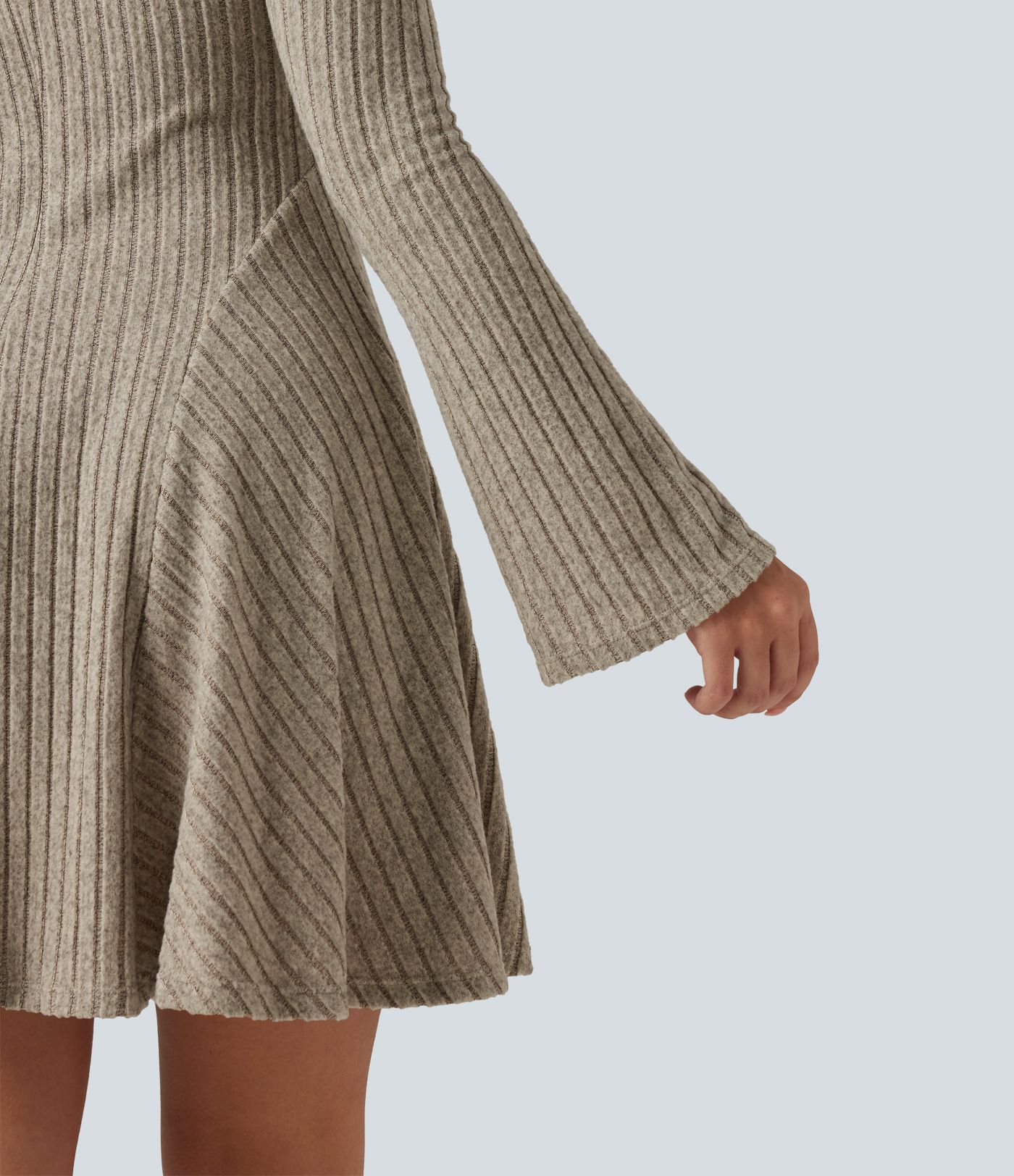 Ribbed Knit Square Neck Flounce Long Sleeve Decorative Knot Casual Flare Mini Dress