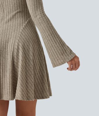 Ribbed Knit Square Neck Flounce Long Sleeve Decorative Knot Casual Flare Mini Dress