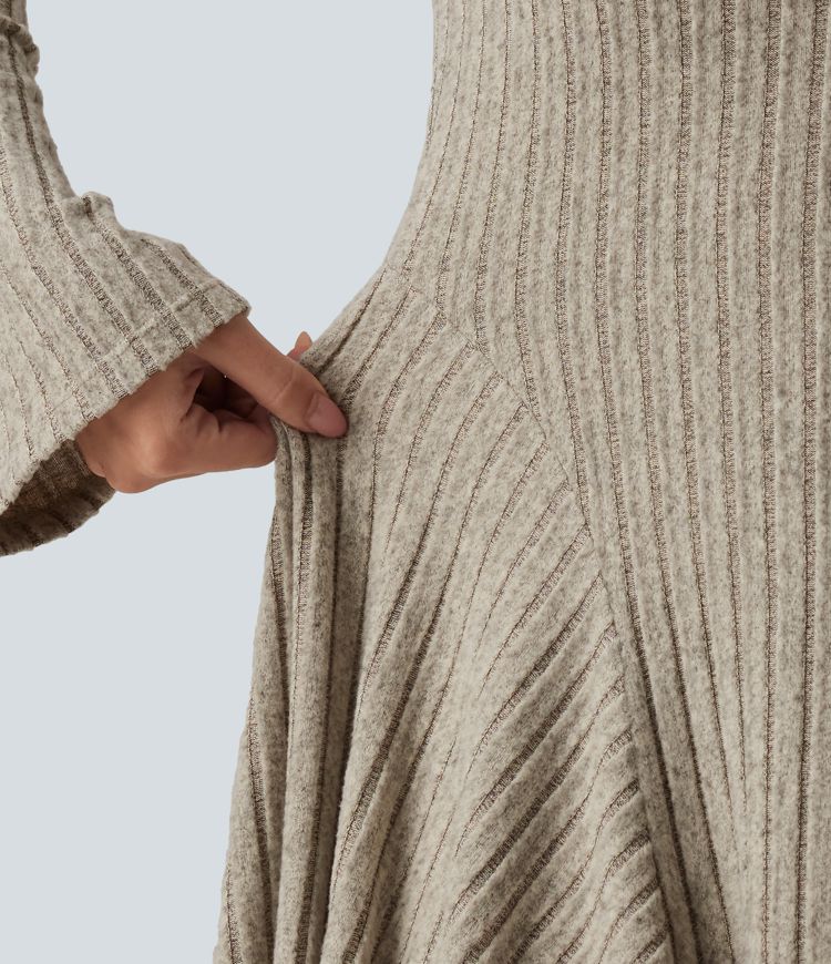 Ribbed Knit Square Neck Flounce Long Sleeve Decorative Knot Casual Flare Mini Dress