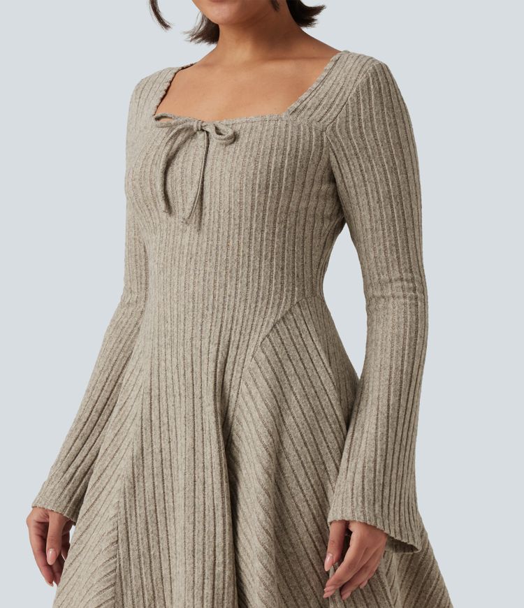 Ribbed Knit Square Neck Flounce Long Sleeve Decorative Knot Casual Flare Mini Dress