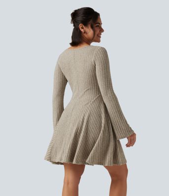 Ribbed Knit Square Neck Flounce Long Sleeve Decorative Knot Casual Flare Mini Dress