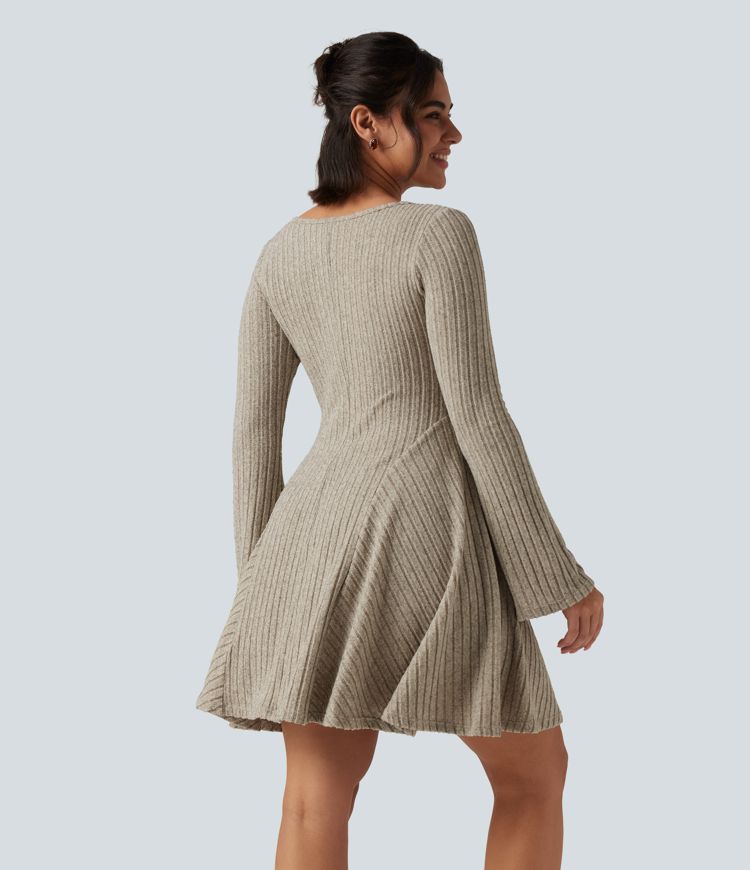 Ribbed Knit Square Neck Flounce Long Sleeve Decorative Knot Casual Flare Mini Dress