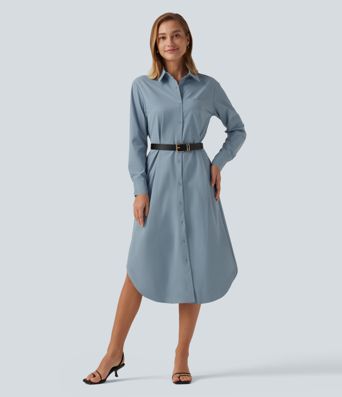 Long Sleeve Midi Work Shirt Dress with Pocket Long Sleeve Midi Work Shirt Dress with Pocket