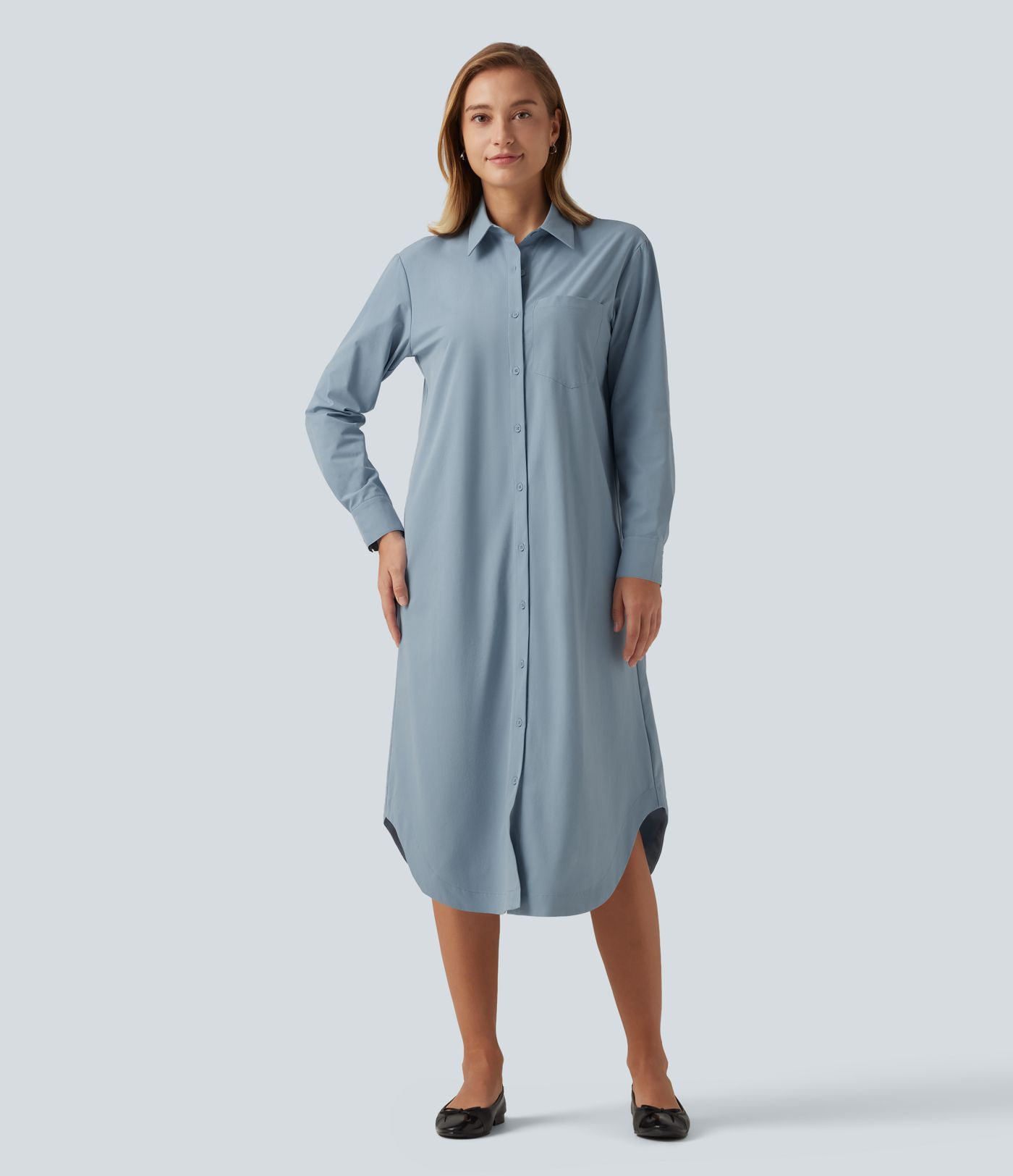 Long Sleeve Midi Work Shirt Dress with Pocket Long Sleeve Midi Work Shirt Dress with Pocket