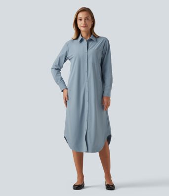 Long Sleeve Midi Work Shirt Dress with Pocket Long Sleeve Midi Work Shirt Dress with Pocket