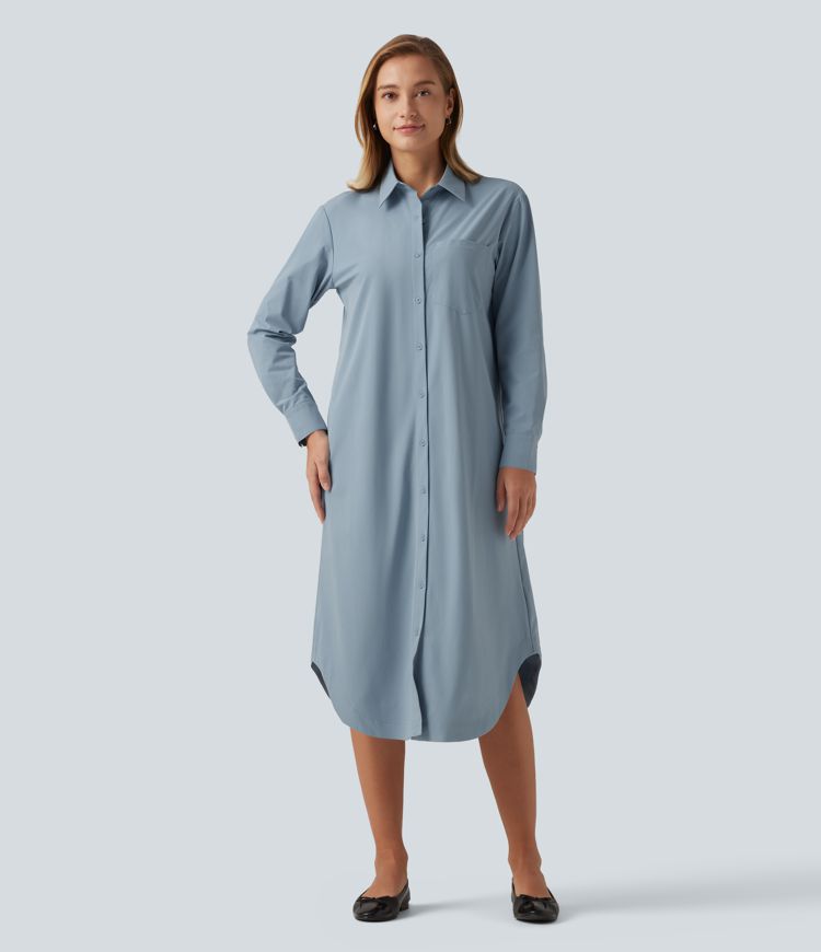 Long Sleeve Midi Work Shirt Dress with Pocket Long Sleeve Midi Work Shirt Dress with Pocket