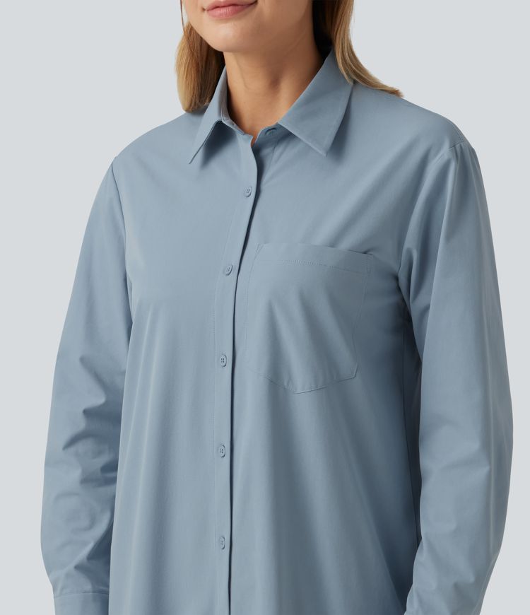 Long Sleeve Midi Work Shirt Dress with Pocket Long Sleeve Midi Work Shirt Dress with Pocket