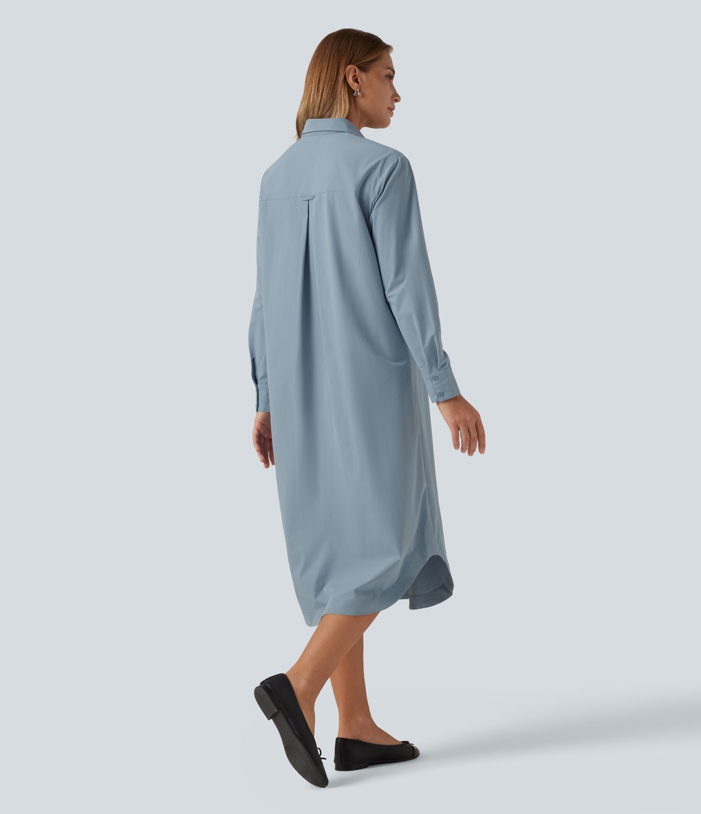 Long Sleeve Midi Work Shirt Dress with Pocket Long Sleeve Midi Work Shirt Dress with Pocket