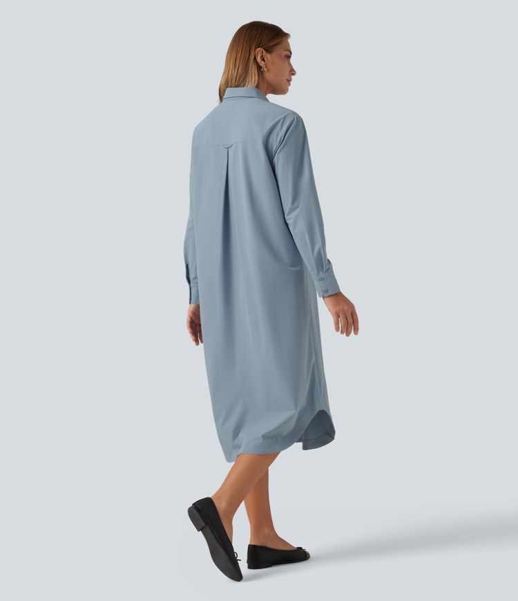 Long Sleeve Midi Work Shirt Dress with Pocket Long Sleeve Midi Work Shirt Dress with Pocket