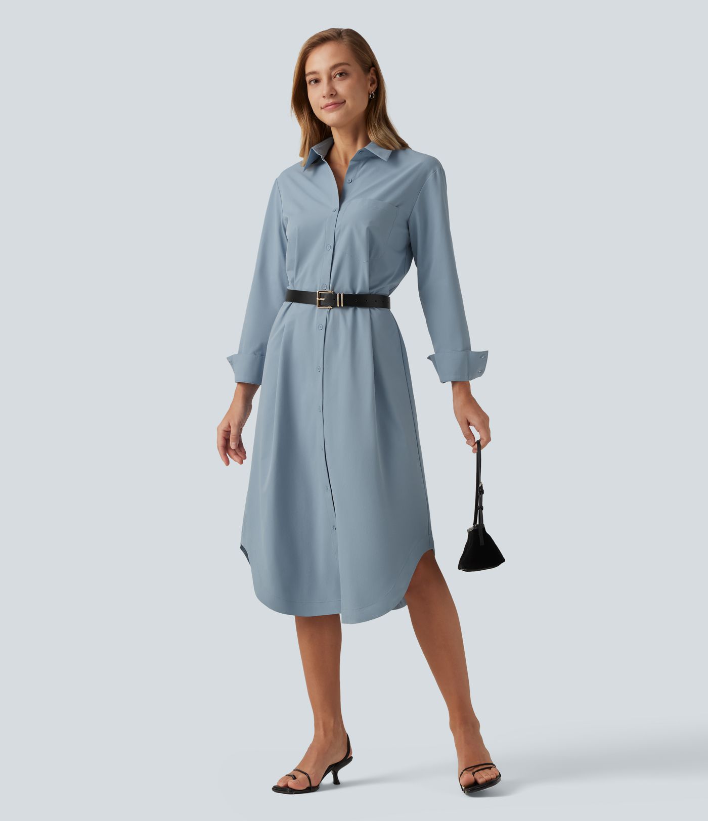Long Sleeve Midi Work Shirt Dress with Pocket Long Sleeve Midi Work Shirt Dress with Pocket