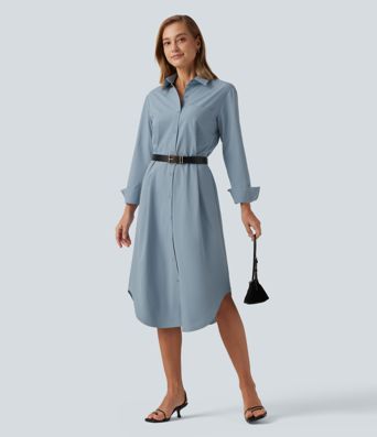 Long Sleeve Midi Work Shirt Dress with Pocket Long Sleeve Midi Work Shirt Dress with Pocket