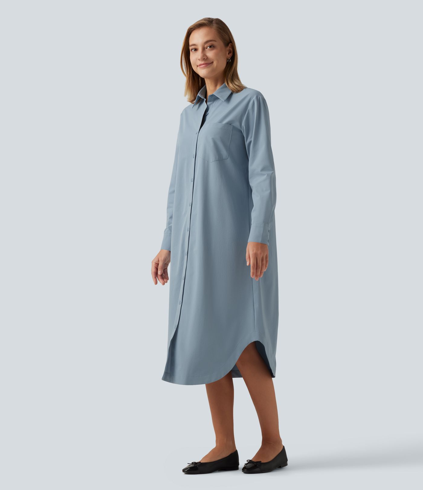 Long Sleeve Midi Work Shirt Dress with Pocket Long Sleeve Midi Work Shirt Dress with Pocket