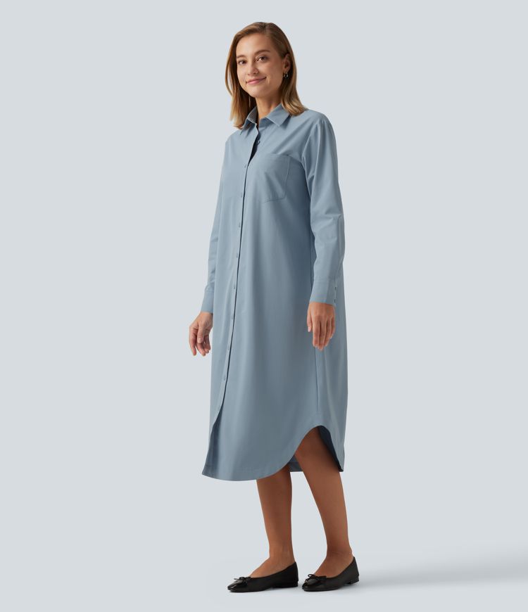 Long Sleeve Midi Work Shirt Dress with Pocket Long Sleeve Midi Work Shirt Dress with Pocket
