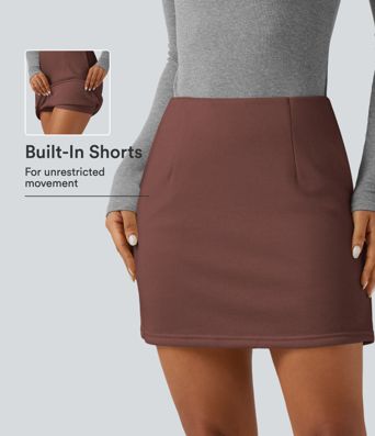 Saia mini casual 2 em 1 com cintura alta, corte em A e bolsos