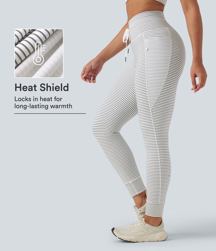 Zebra Ripple High Waisted Drawstring Stripe Fleece Yoga Leggings with Pockets / 1