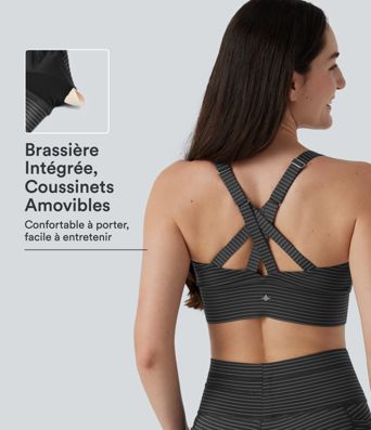 Brassière de running rayée à maintien moyen et effet push-up, avec zip, bretelles réglables et coussinets amovibles