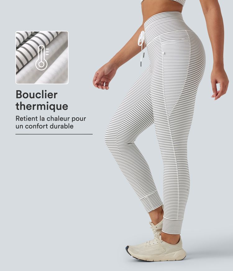 Zebra Ripple Legging de yoga doublé polaire taille haute à rayures et cordon de serrage avec poches / 1