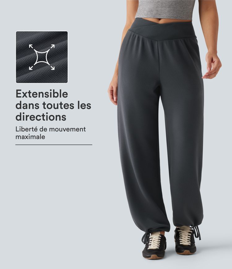 Gray Pinstripe Pantalon de jogging taille haute croisée à bas froncés avec poches / 1