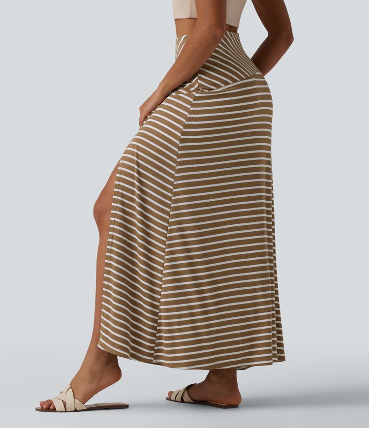 Ribbed Knit High Waisted Tummy Control Stripe Maxi Casual Skirt with Pocket Ribbed Knit High Waisted Tummy Control Stripe Maxi Casual Skirt with Pocket
