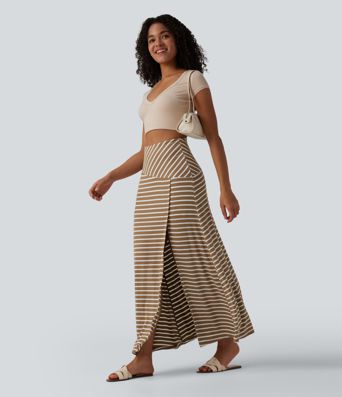 Ribbed Knit High Waisted Tummy Control Stripe Maxi Casual Skirt with Pocket Ribbed Knit High Waisted Tummy Control Stripe Maxi Casual Skirt with Pocket