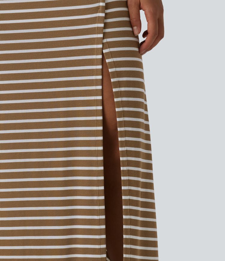 Ribbed Knit High Waisted Tummy Control Stripe Maxi Casual Skirt with Pocket Ribbed Knit High Waisted Tummy Control Stripe Maxi Casual Skirt with Pocket