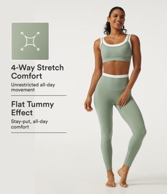 Halara UltraSculpt™ ensemble 2 pièces — col en U, soutien-gorge intégré, brassière de yoga à empiècements bicolores torsadés et leggings skinny gainants à effet ventre plat avec poches