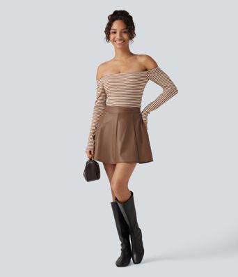 High Waisted Fleece Work PU Leather Mini Skirt with Built-in Shorts and Pockets High Waisted Fleece Work PU Leather Mini Skirt with Built-in Shorts and Pockets