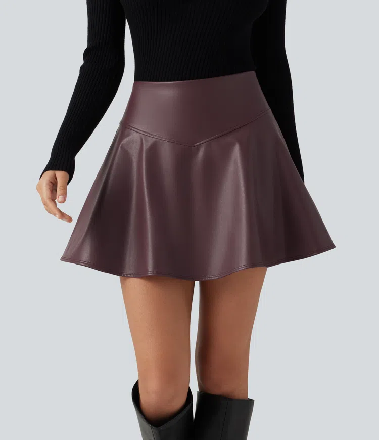 High Waisted Tummy Control Fleece Casual PU Leather Mini Skirt with Built-in Shorts and Pockets