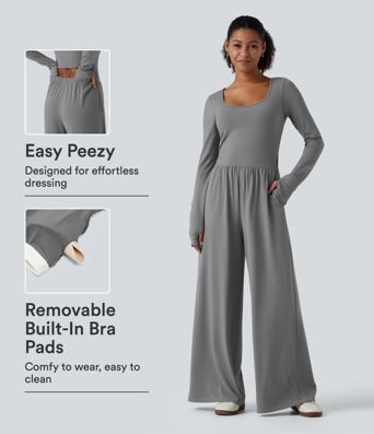 U Neck Long Sleeve Thumb Hole Wide Leg Ruched Casual Jumpsuit with Built-in Bra and Pockets -Easy Peezy Edition