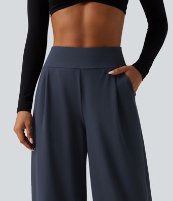 High Waisted Adjustable Drawcord Wide Leg Yoga Pants with Pockets High Waisted Adjustable Drawcord Wide Leg Yoga Pants with Pockets