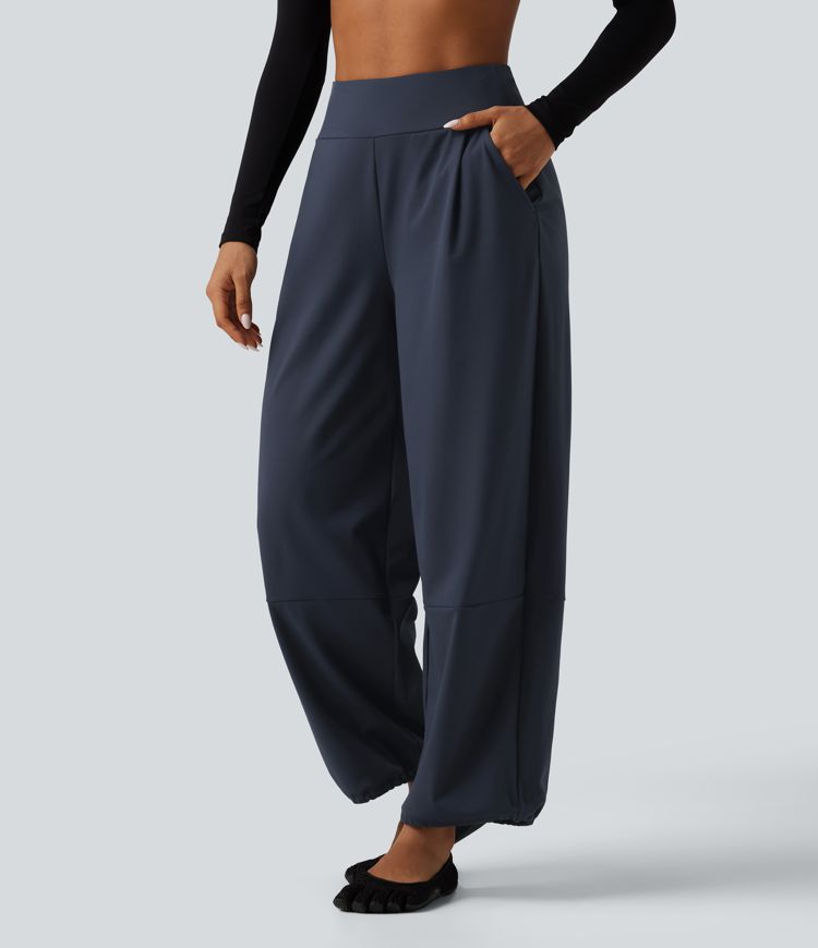 High Waisted Adjustable Drawcord Wide Leg Yoga Pants with Pockets High Waisted Adjustable Drawcord Wide Leg Yoga Pants with Pockets