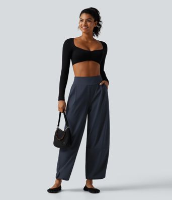 High Waisted Adjustable Drawcord Wide Leg Yoga Pants with Pockets High Waisted Adjustable Drawcord Wide Leg Yoga Pants with Pockets