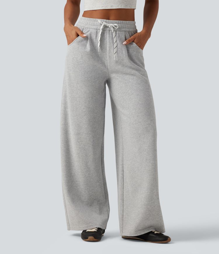 High Waisted Drawstring Wide Leg Fleece Casual Sweatpants with Pockets