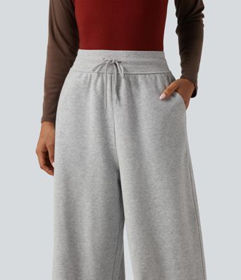 High Waisted Drawstring Wide Leg Fleece Casual Sweatpants with Pockets High Waisted Drawstring Wide Leg Fleece Casual Sweatpants with Pockets